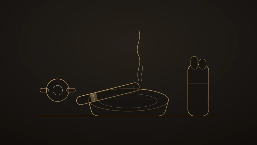 Stylised illustration in golden line of a cigar resting on an ashtray, between a guillotine, a torch flame and a case