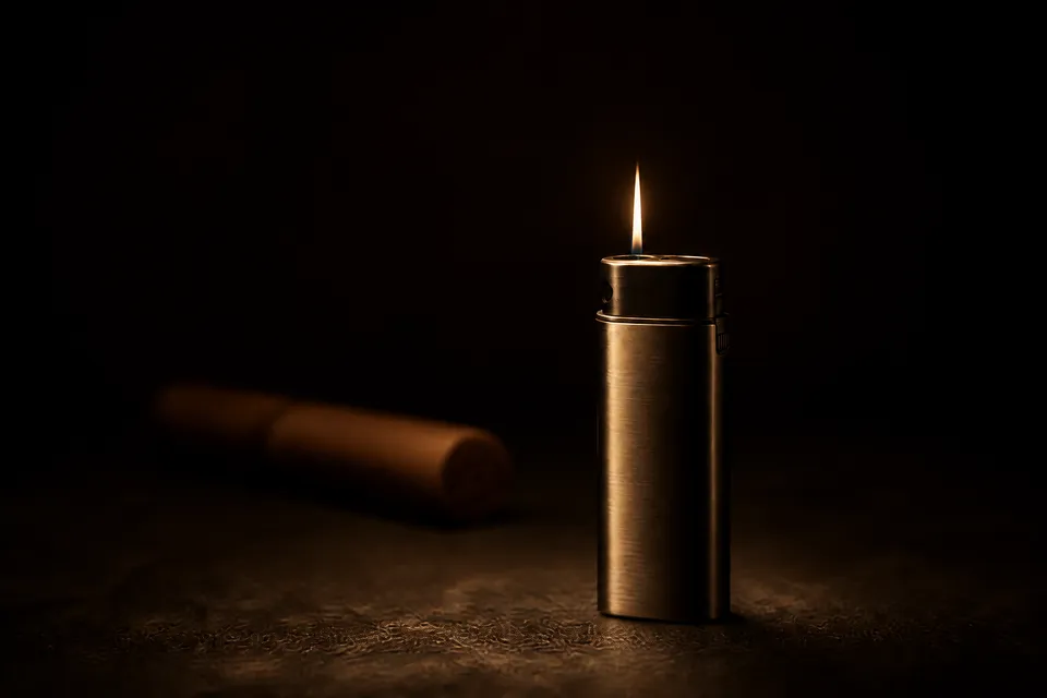 Briquet torche en métal brossé, son dard de flamme dorée éclairant la pénombre, un cigare en arrière-plan