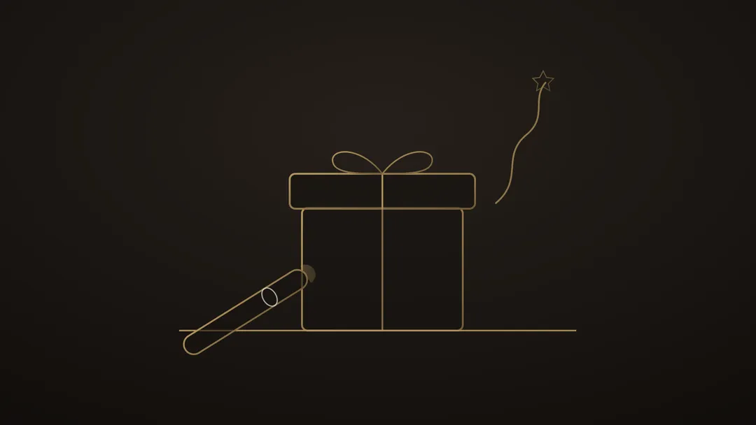 Illustration stylisée d’une boîte cadeau au ruban noué, un cigare bagué posé contre elle et une volute montant vers une étoile