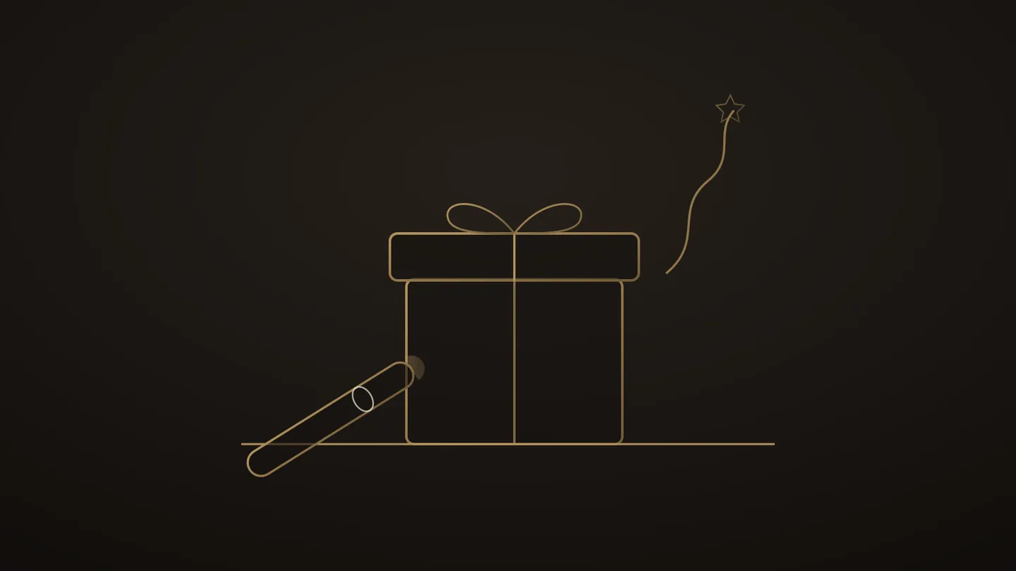 Illustration stylisée d’une boîte cadeau au ruban noué, un cigare bagué posé contre elle et une volute montant vers une étoile