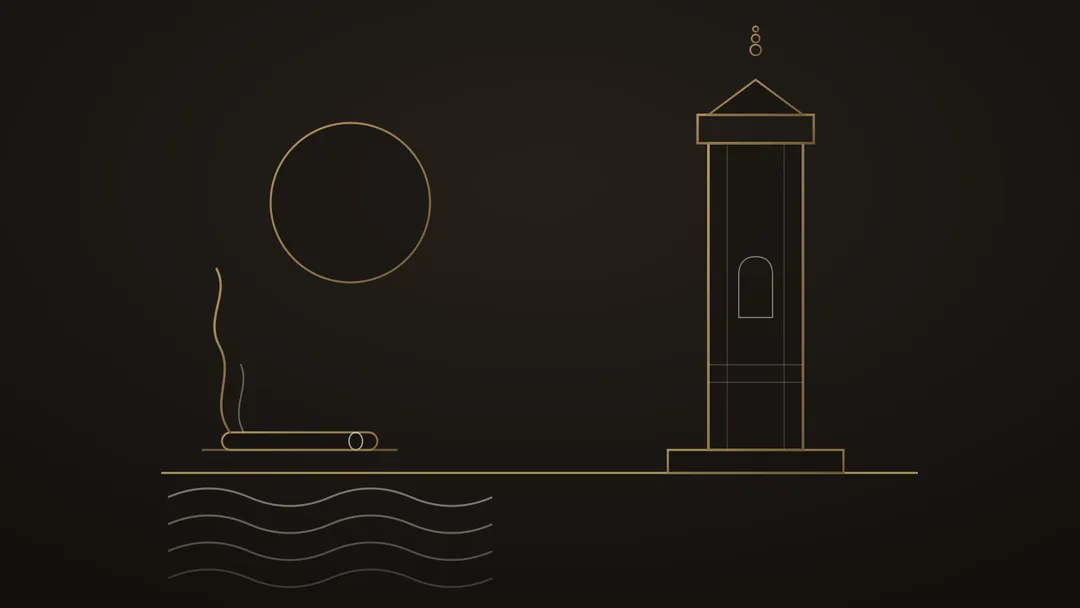 Illustration stylisée du minaret de la mosquée Hassan II au trait doré face aux vagues de l’Atlantique, cigare posé au premier plan, volute montant dans le ciel