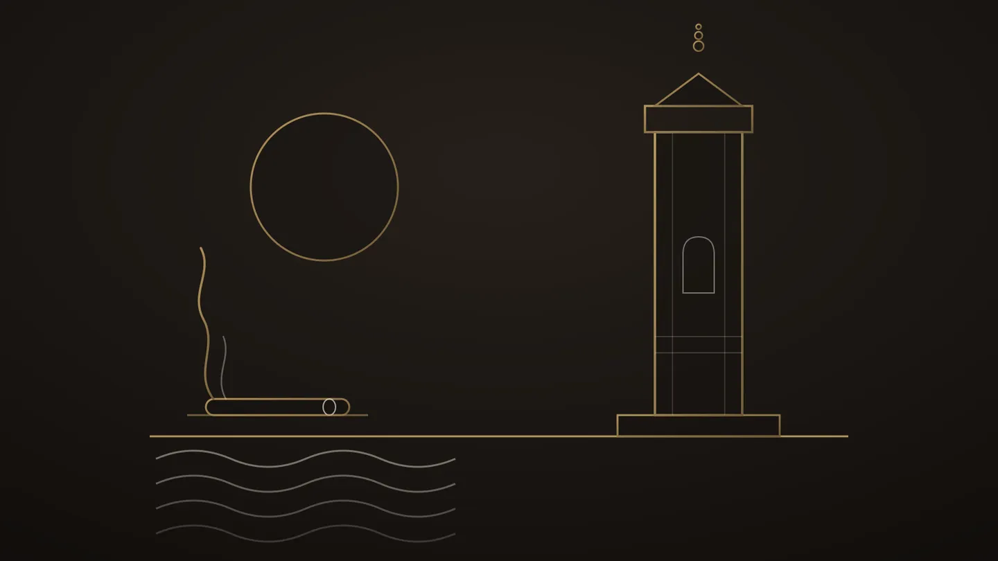 Illustration stylisée du minaret de la mosquée Hassan II au trait doré face aux vagues de l’Atlantique, cigare posé au premier plan, volute montant dans le ciel