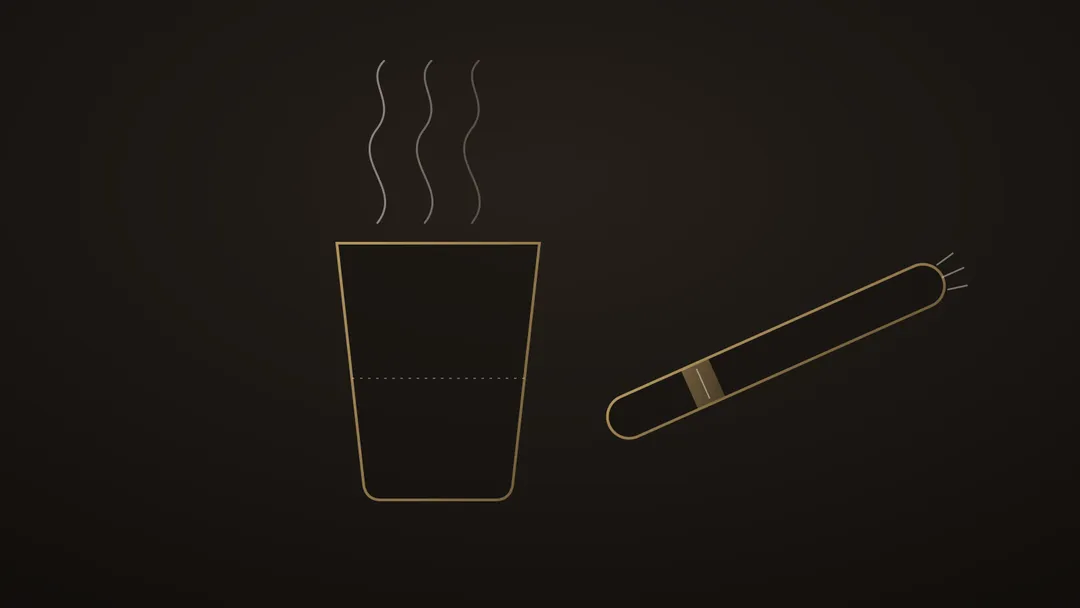 Illustration stylisée d’un verre à thé marocain d’où monte une vapeur, et d’un cigare bagué posé en diagonale à côté