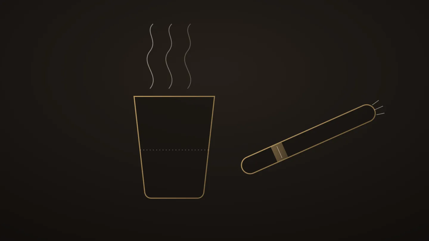 Illustration stylisée d’un verre à thé marocain d’où monte une vapeur, et d’un cigare bagué posé en diagonale à côté