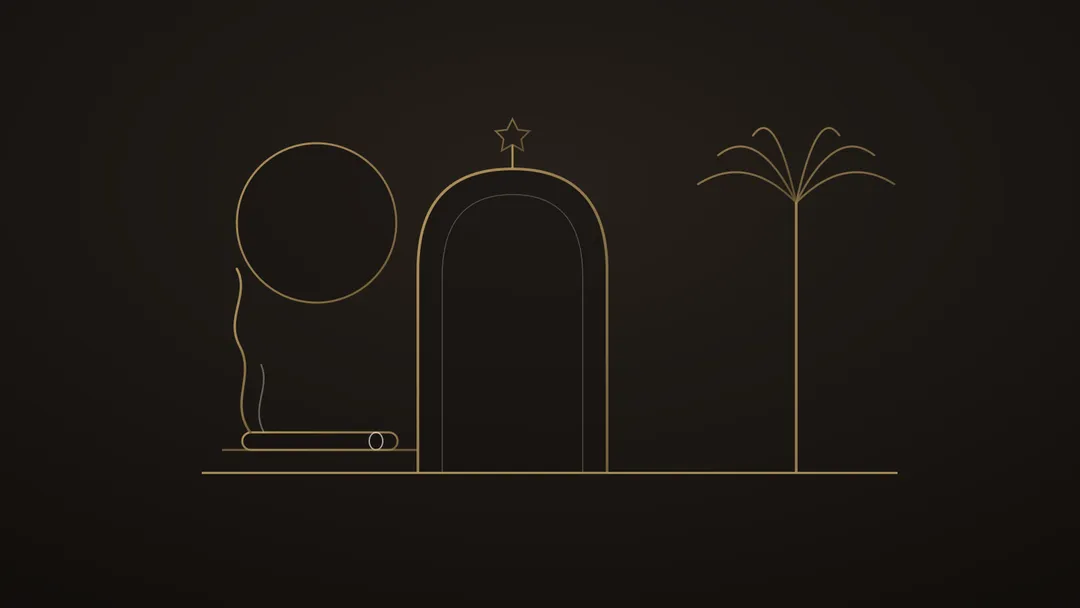 Illustration stylisée d’une porte marrakchie au trait doré, palmier et cigare posé sur une table de terrasse, volute montant vers le couchant