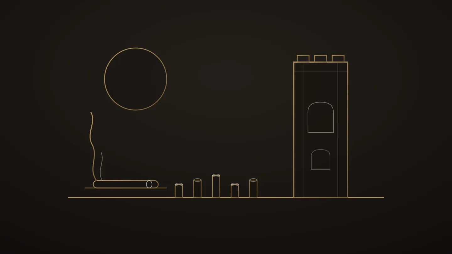 Illustration stylisée de la tour Hassan au trait doré, rangées de colonnes inachevées sur l’esplanade, cigare bagué au premier plan et volute montante