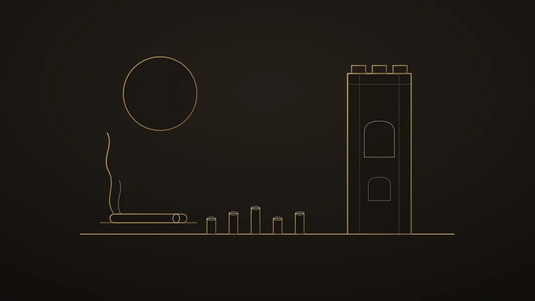 Illustration stylisée de la tour Hassan au trait doré, rangées de colonnes inachevées sur l’esplanade, cigare bagué au premier plan et volute montante
