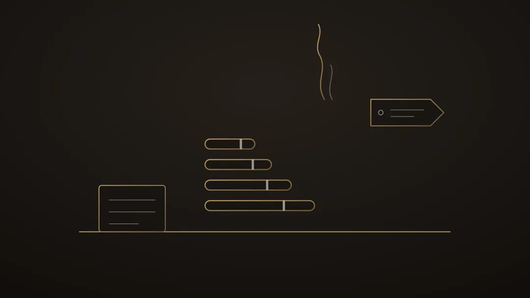 Stylised illustration in golden line work: four small banded cigars lying in a row on a price-list line, a price tag in the corner and a light wisp of smoke