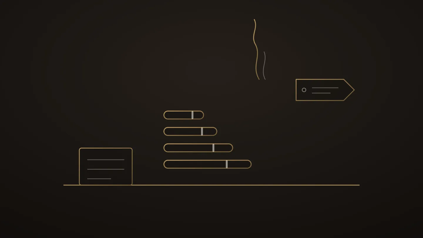 Stylised illustration in golden line work: four small banded cigars lying in a row on a price-list line, a price tag in the corner and a light wisp of smoke