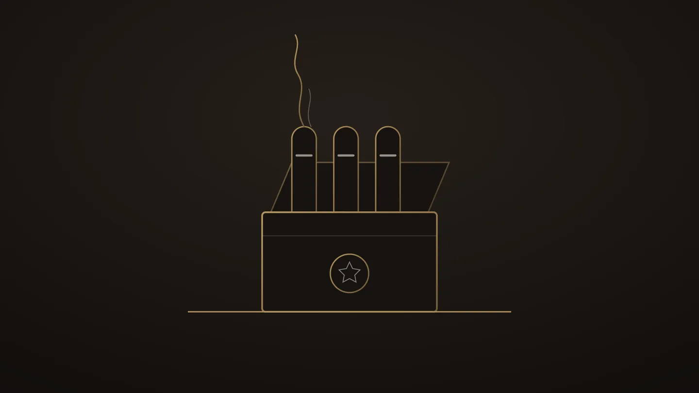 Illustration stylisée d’un paquet de cigarillos ouvert au trait doré, trois modules fins alignés et une volute légère
