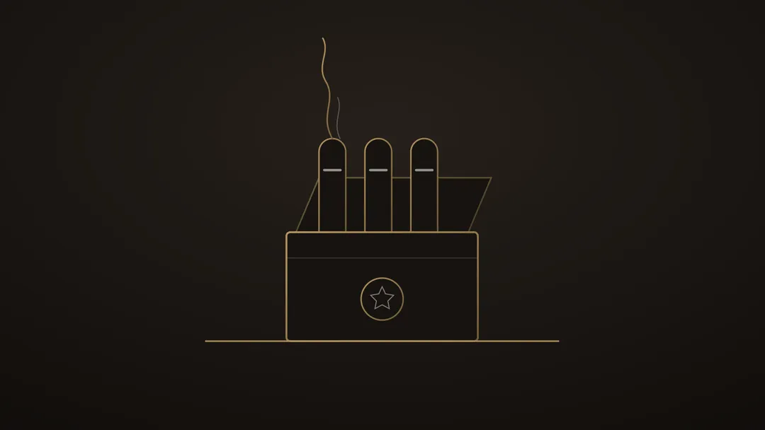 Illustration stylisée d’un paquet de cigarillos ouvert au trait doré, trois modules fins alignés et une volute légère