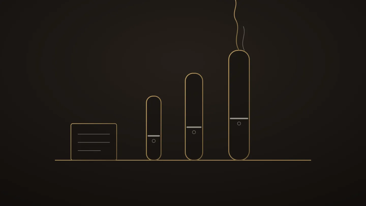 Illustration stylisée de trois cigares bagués dressés en gamme croissante au trait doré, ligne de barème au pied et volute montante