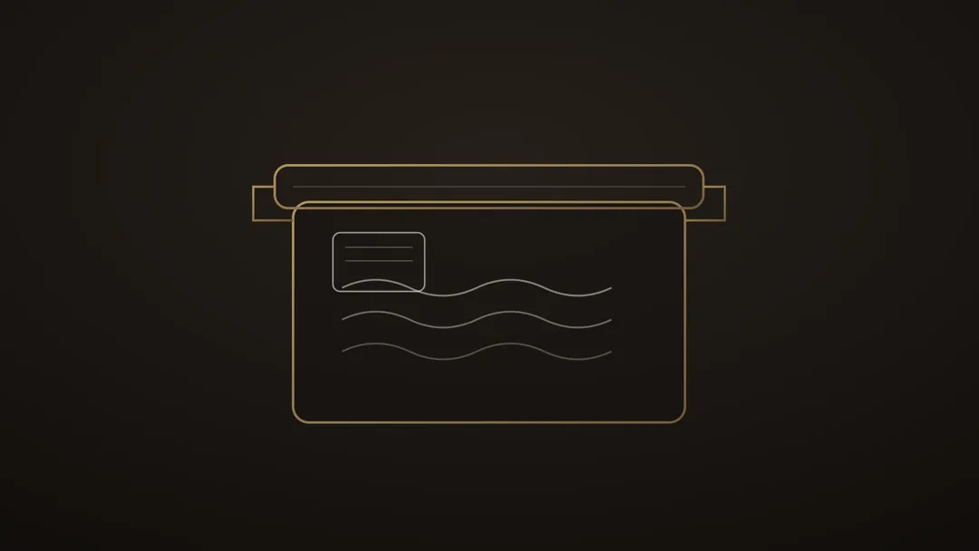 Illustration stylisée d’une boîte hermétique au trait doré abritant un sachet de régulation et des ondes d’humidité stables