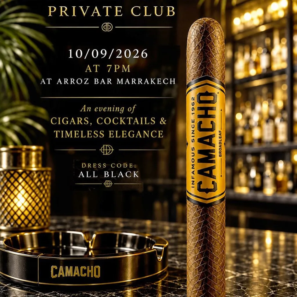 Affiche de la soirée du Davidoff Private Club à l’Arroz Bar Marrakech, le 10 septembre 2026 à 19h : un Camacho Broadleaf dressé sur un comptoir de marbre noir, devant des étagères de bouteilles dorées, avec un cendrier Camacho et une bougie.