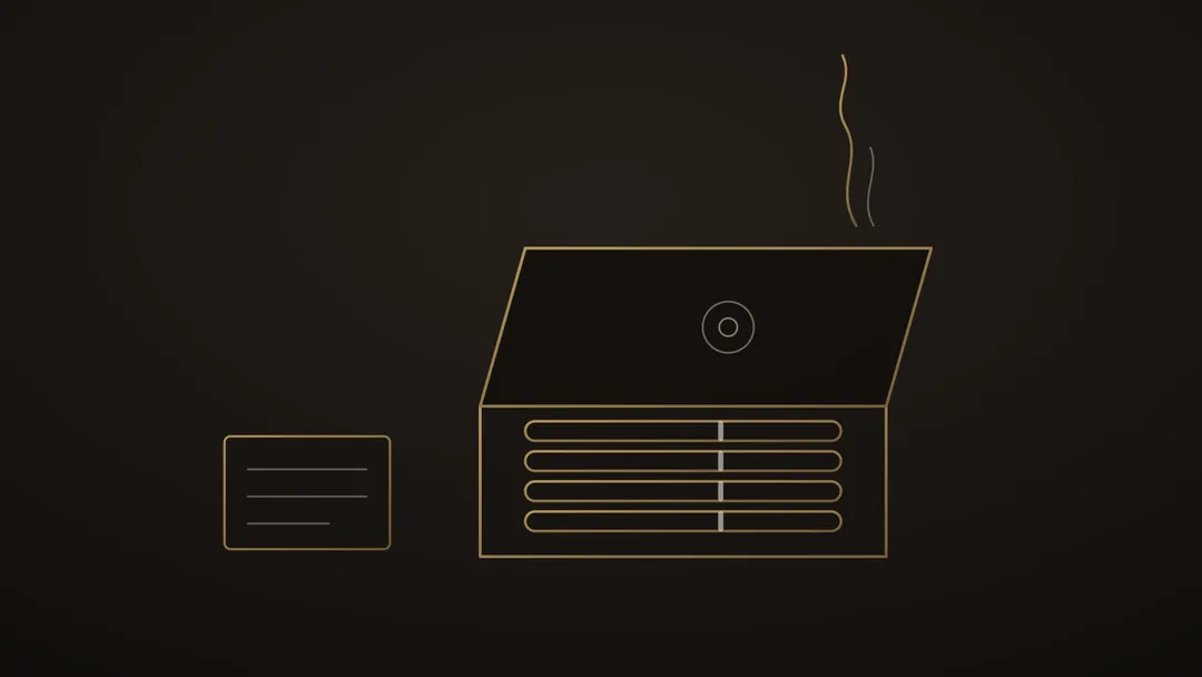 Illustration stylisée d’un coffret ouvert au trait doré, quatre cigares alignés et une étiquette de barème, volute montante