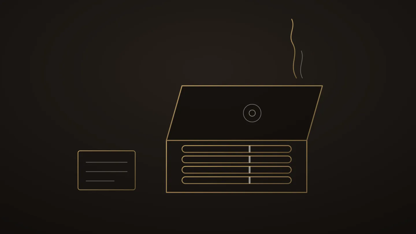 Illustration stylisée d’un coffret ouvert au trait doré, quatre cigares alignés et une étiquette de barème, volute montante