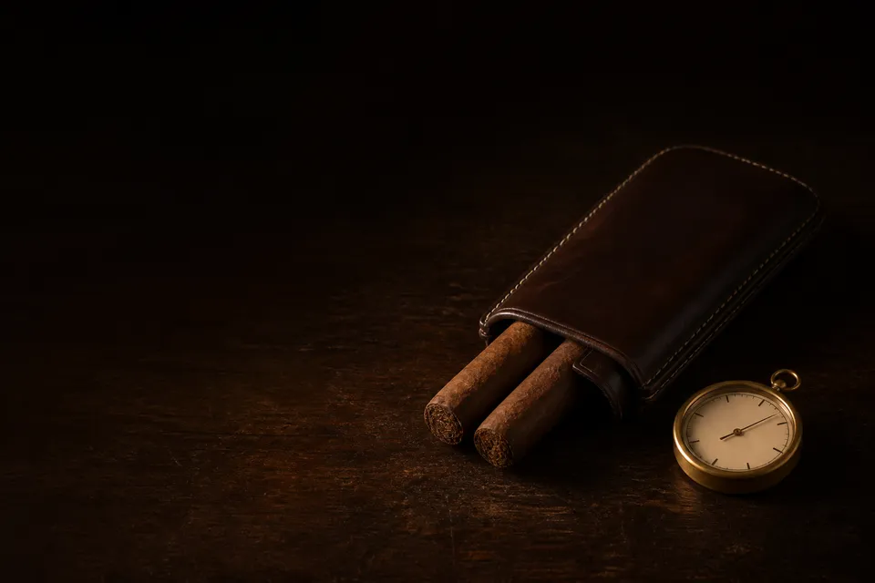 Étui à cigares en cuir brun entrouvert laissant dépasser deux cigares, près d’un hygromètre de poche