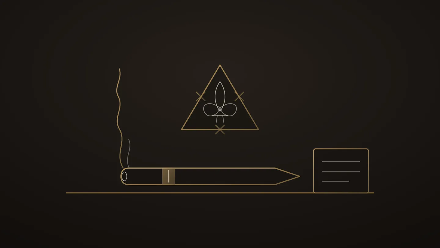 Illustrazione stilizzata a tratto dorato: un sigaro piramide con fascia adagiato sulla linea del listino, sotto un triangolo bordato da sei spade attorno a un giglio, una voluta di fumo che sale