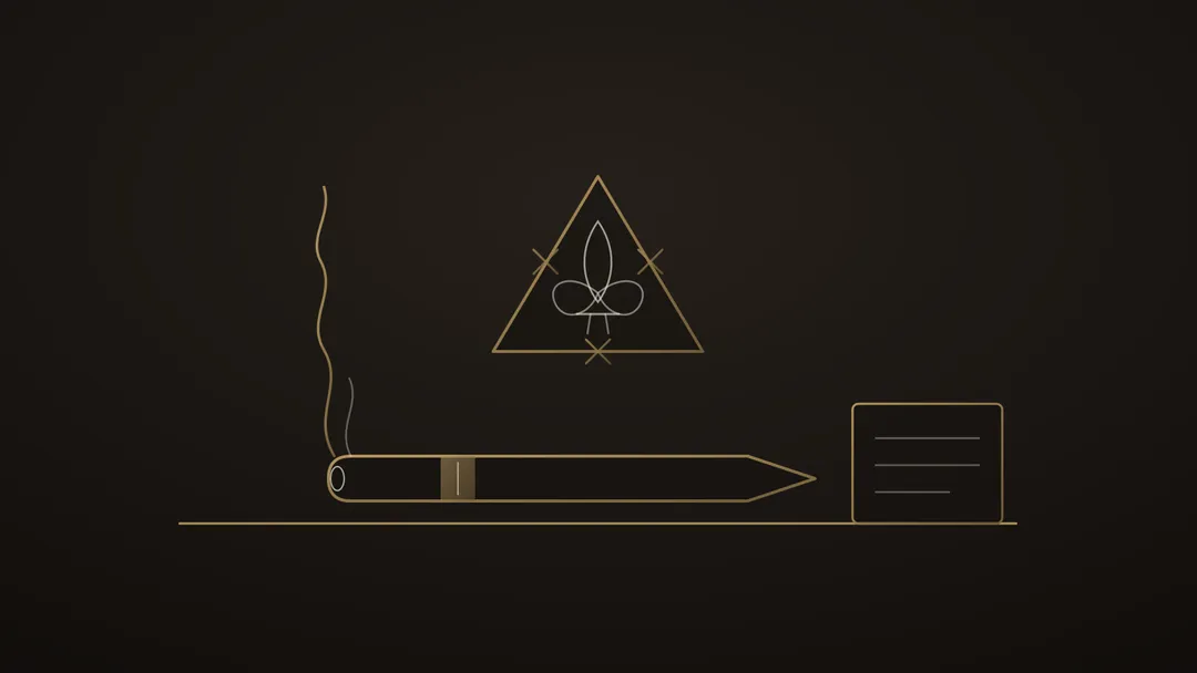 Stylised illustration in golden line work: a banded pyramid cigar lying on the price-list line beneath a triangle edged with six swords around a fleur-de-lis, a wisp of smoke rising from the foot