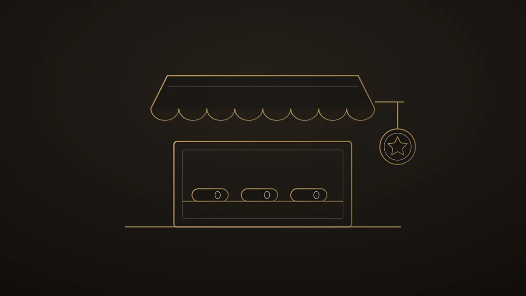 Illustration stylisée d’une devanture de boutique au trait doré, auvent festonné, vitrine garnie de modules et enseigne au sceau