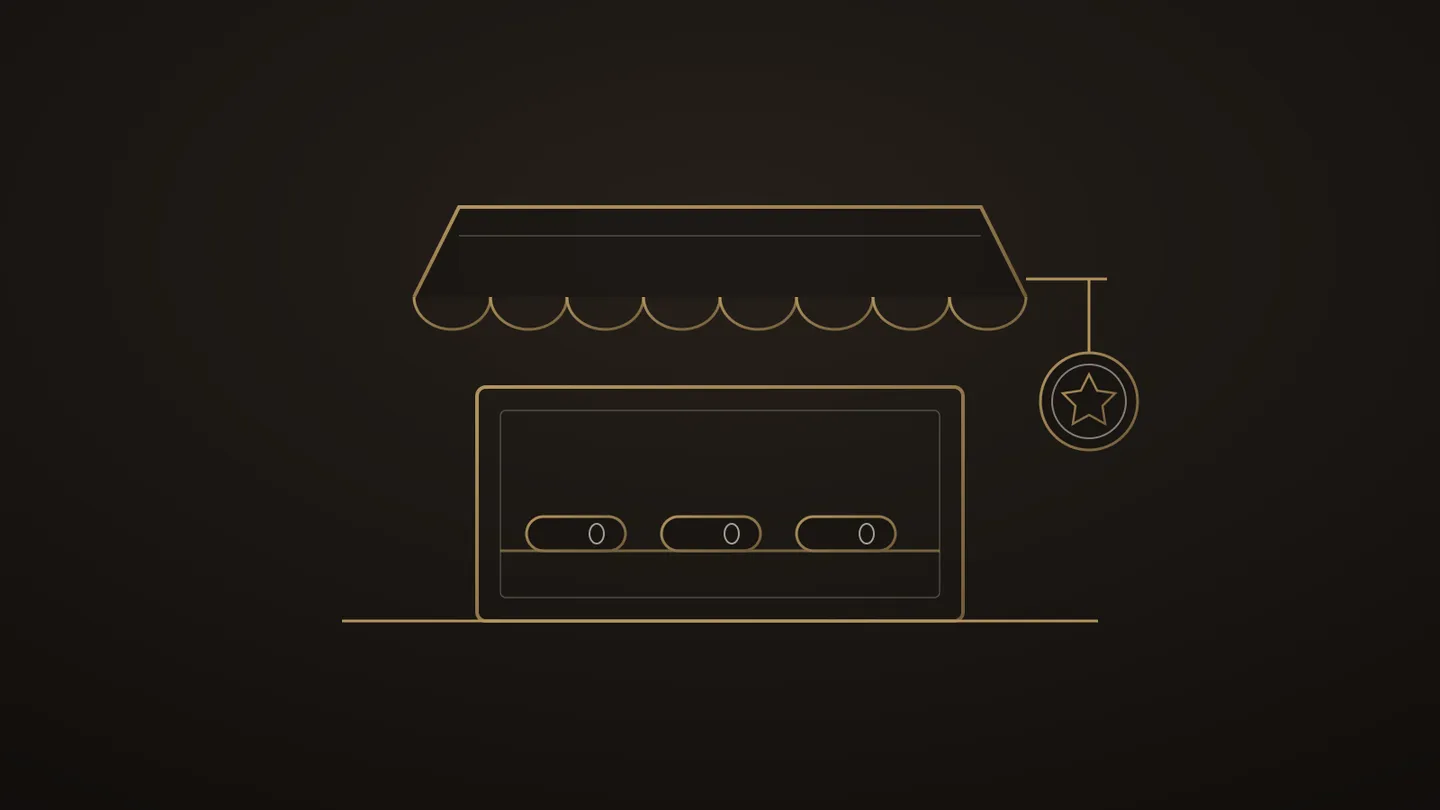 Illustration stylisée d’une devanture de boutique au trait doré, auvent festonné, vitrine garnie de modules et enseigne au sceau