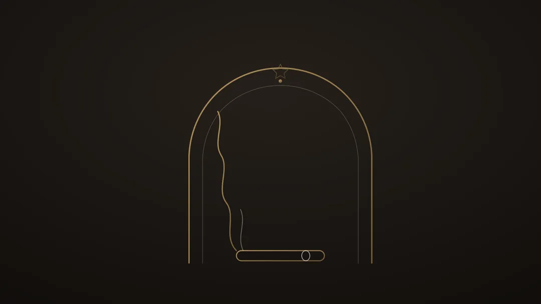 Illustration stylisée d’une arche marocaine au trait doré, un cigare posé à son seuil, une volute montant vers une étoile