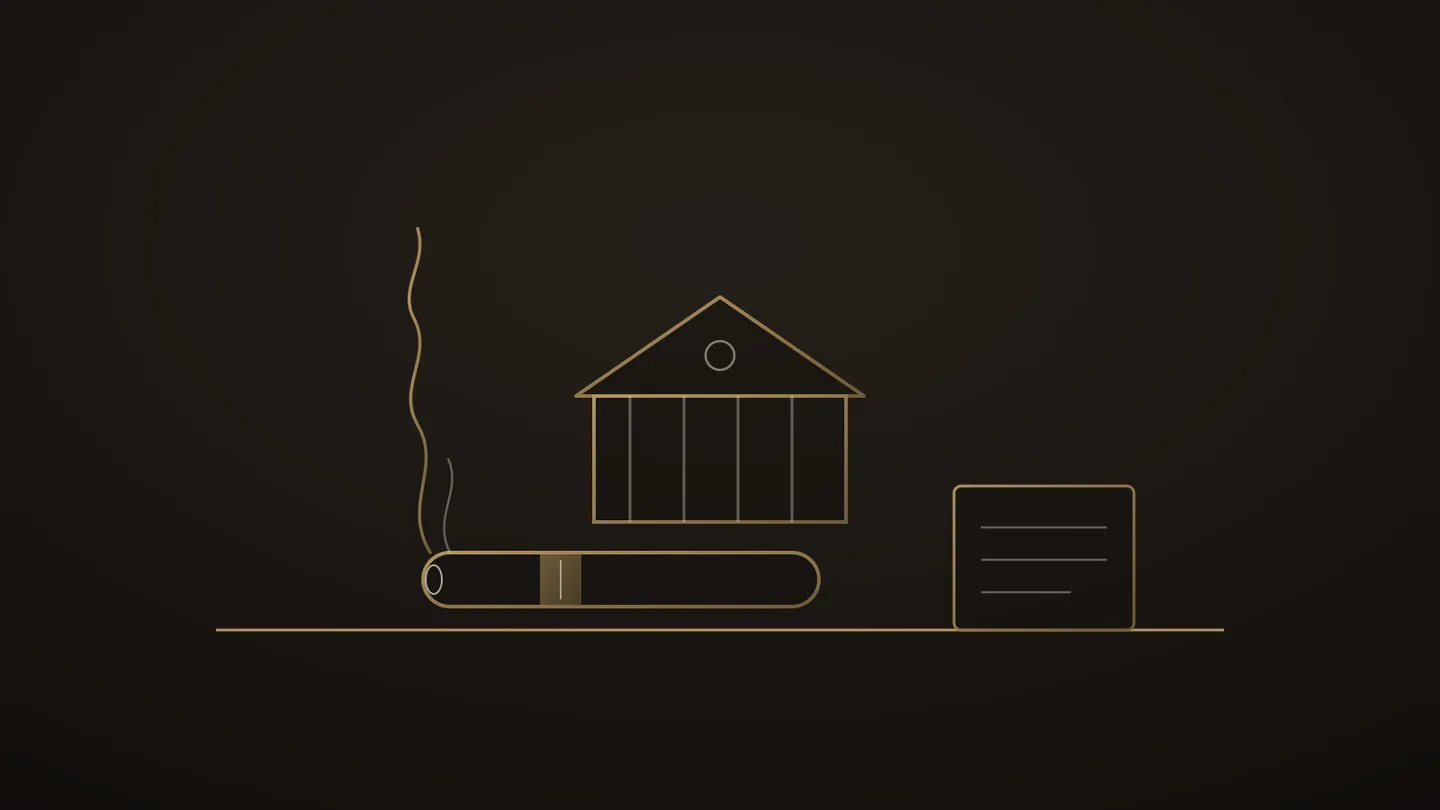 Illustration stylisée au trait doré : un robusto bagué couché sur la ligne du barème devant la façade d’une fabrique à fronton, une volute montant du foyer