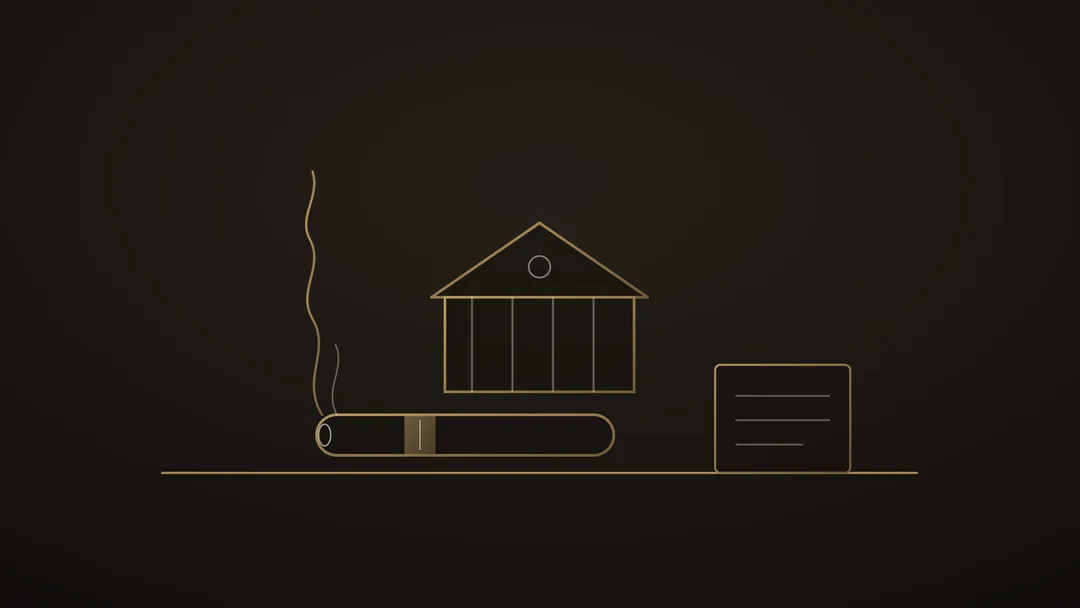 Illustration stylisée au trait doré : un robusto bagué couché sur la ligne du barème devant la façade d’une fabrique à fronton, une volute montant du foyer