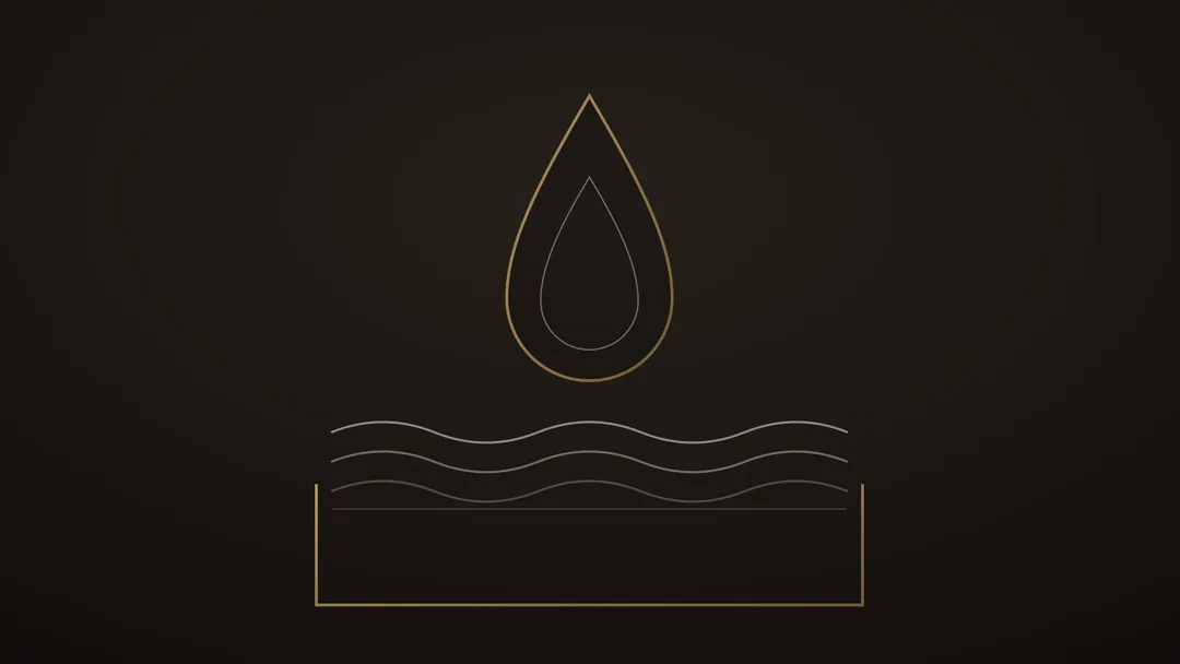 Illustration stylisée d’un humidor entrouvert au trait doré, ondes d’humidité montant vers une goutte