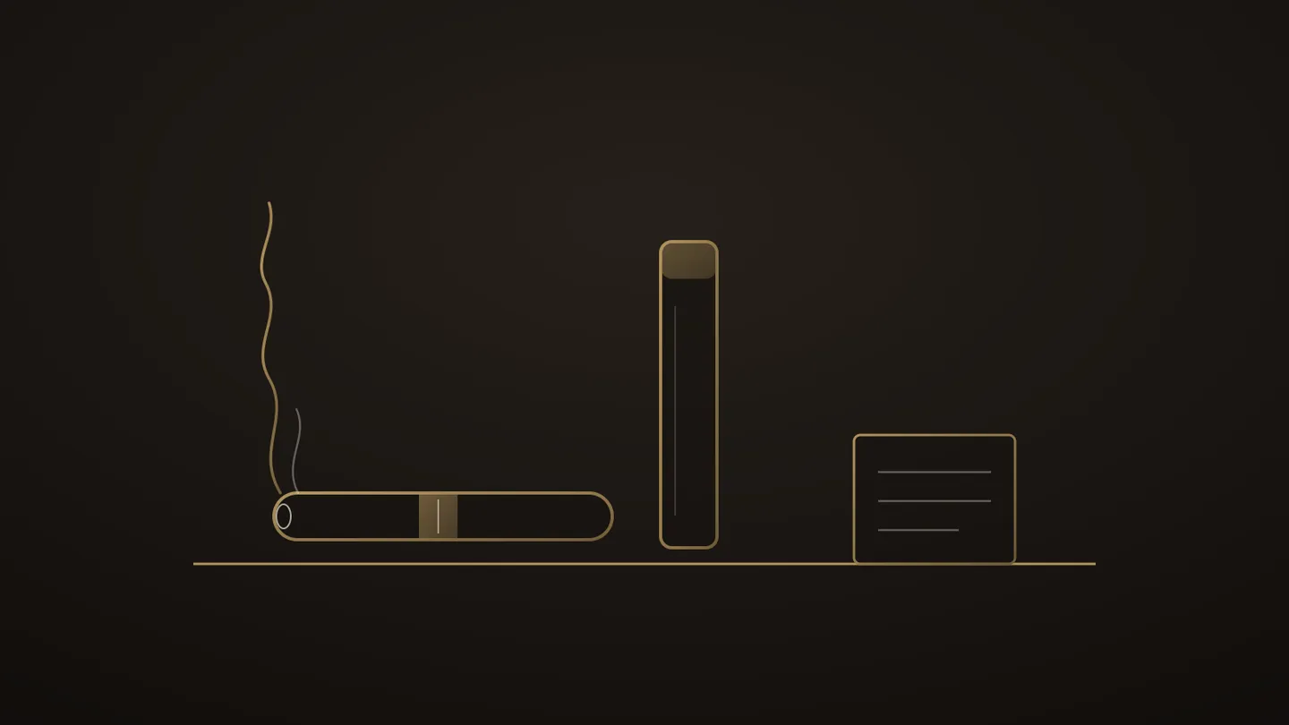 Illustration stylisée au trait doré : un long cigare Churchill bagué couché sur la ligne du barème, un second en tube dressé derrière, une volute montant du foyer