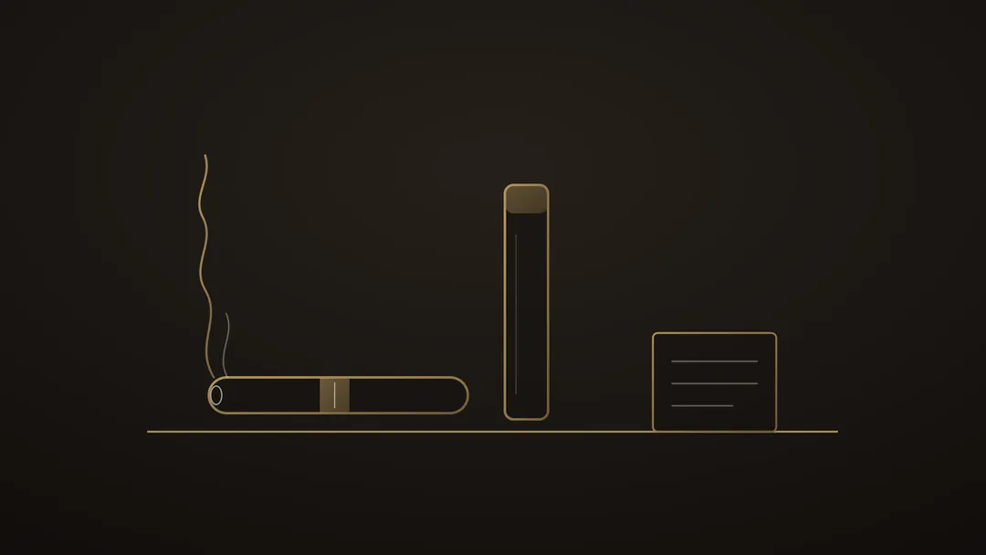 Illustration stylisée au trait doré : un long cigare Churchill bagué couché sur la ligne du barème, un second en tube dressé derrière, une volute montant du foyer